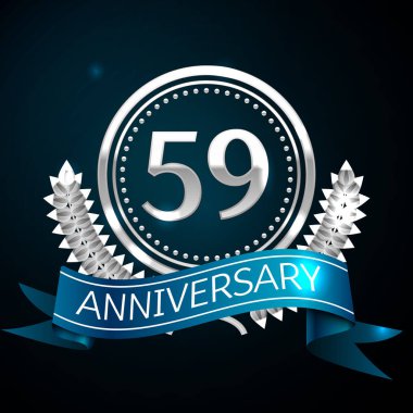 Gerçekçi elli dokuz yıl yıldönümü kutlama tasarımı ile gümüş yüzük ve Laurel Wreath, mavi şerit mavi arka plan üzerinde. Renkli vektör şablon öğeleri Doğum günü kutlamak için parti