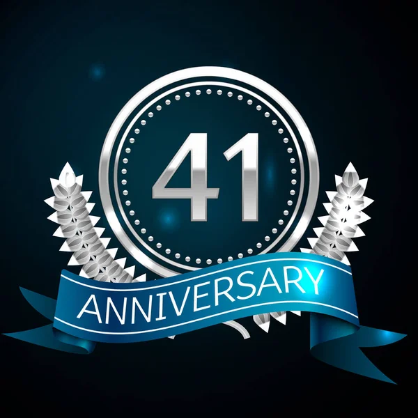 Gerçekçi kırk bir yıl yıldönümü kutlama tasarımı ile gümüş yüzük ve Laurel Wreath, mavi şerit mavi arka plan üzerinde. Renkli vektör şablon öğeleri Doğum günü kutlamak için parti