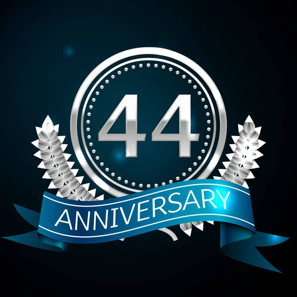 Gerçekçi kırk dört yıl yıldönümü kutlama tasarımı ile gümüş yüzük ve Laurel Wreath, mavi şerit mavi arka plan üzerinde. Renkli vektör şablon öğeleri Doğum günü kutlamak için parti