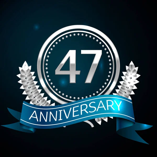 Gerçekçi kırk yedi yıl yıldönümü kutlama tasarımı ile gümüş yüzük ve Laurel Wreath, mavi şerit mavi arka plan üzerinde. Renkli vektör şablon öğeleri Doğum günü kutlamak için parti
