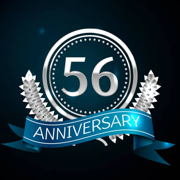 Gerçekçi elli altı yıl yıldönümü kutlama tasarımı ile gümüş yüzük ve Laurel Wreath, mavi şerit mavi arka plan üzerinde. Renkli vektör şablon öğeleri Doğum günü kutlamak için parti