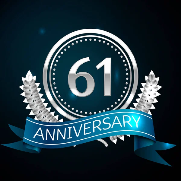 Gerçekçi altmış bir yıl yıldönümü kutlama tasarımı ile gümüş yüzük ve Laurel Wreath, mavi şerit mavi arka plan üzerinde. Renkli vektör şablon öğeleri Doğum günü kutlamak için parti