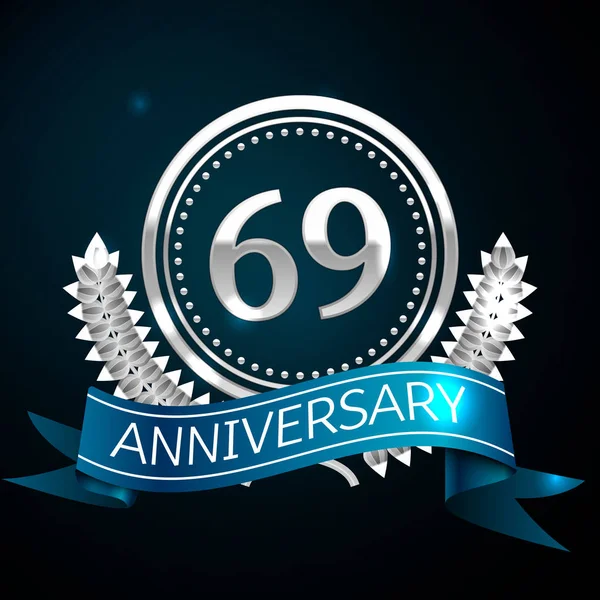 Gerçekçi altmış dokuz yıl yıldönümü kutlama tasarımı ile gümüş yüzük ve Laurel Wreath, mavi şerit mavi arka plan üzerinde. Renkli vektör şablon öğeleri Doğum günü kutlamak için parti