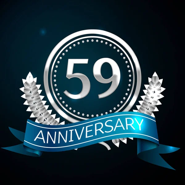 Gerçekçi elli dokuz yıl yıldönümü kutlama tasarımı ile gümüş yüzük ve Laurel Wreath, mavi şerit mavi arka plan üzerinde. Renkli vektör şablon öğeleri Doğum günü kutlamak için parti