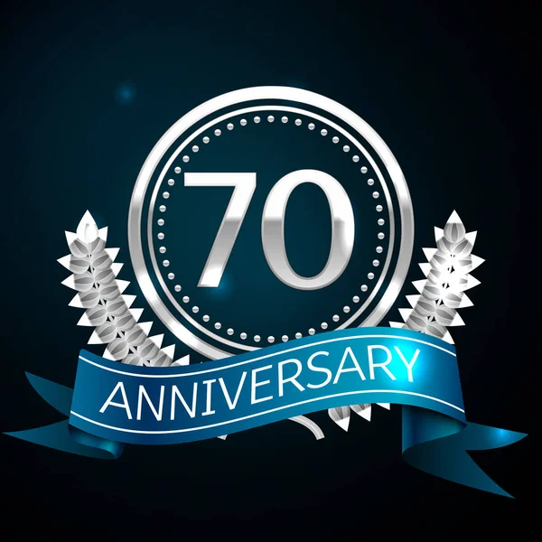 Gerçekçi yetmiş yıl yıldönümü kutlama tasarım gümüş halkalı ve Laurel Wreath, mavi şerit mavi arka plan üzerinde. Renkli vektör şablon öğeleri Doğum günü kutlamak için parti