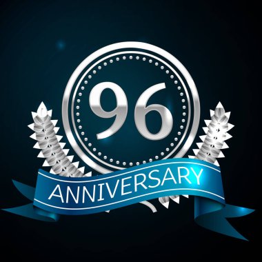 Gerçekçi doksan altı yıl yıldönümü kutlama tasarım gümüş halkalı ve Laurel Wreath, mavi şerit mavi arka plan üzerinde. Renkli vektör şablon öğeleri Doğum günü kutlamak için parti