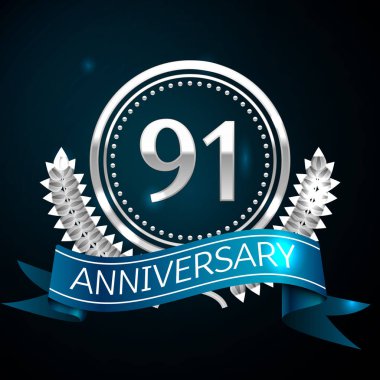 Gerçekçi doksan bir yıl yıldönümü kutlama tasarım gümüş halkalı ve Laurel Wreath, mavi şerit mavi arka plan üzerinde. Renkli vektör şablon öğeleri Doğum günü kutlamak için parti