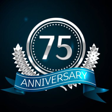 Gerçekçi yetmiş beş yıl yıldönümü kutlama tasarımı ile gümüş yüzük ve Laurel Wreath, mavi şerit mavi arka plan üzerinde. Renkli vektör şablon öğeleri Doğum günü kutlamak için parti