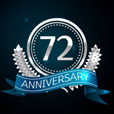 Gerçekçi yetmiş iki yıl yıldönümü kutlama tasarımı ile gümüş yüzük ve Laurel Wreath, mavi şerit mavi arka plan üzerinde. Renkli vektör şablon öğeleri Doğum günü kutlamak için parti