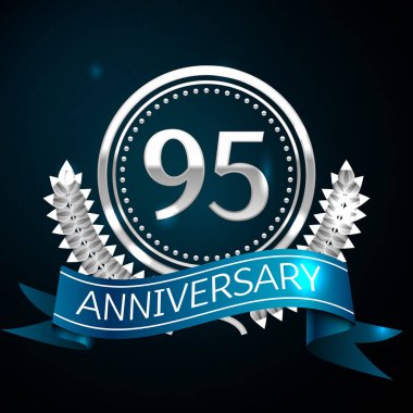 Gerçekçi doksan beş yıl yıldönümü kutlama tasarım gümüş halkalı ve Laurel Wreath, mavi şerit mavi arka plan üzerinde. Renkli vektör şablon öğeleri Doğum günü kutlamak için parti