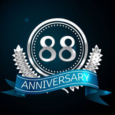 Gerçekçi seksen sekiz yıl yıldönümü kutlama tasarımı ile gümüş yüzük ve Laurel Wreath, mavi şerit mavi arka plan üzerinde. Renkli vektör şablon öğeleri Doğum günü kutlamak için parti