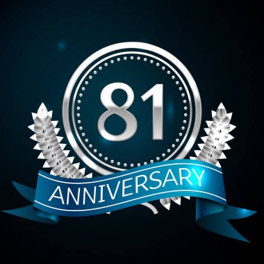 Gerçekçi seksen bir yıl yıldönümü kutlama tasarımı ile gümüş yüzük ve Laurel Wreath, mavi şerit mavi arka plan üzerinde. Renkli vektör şablon öğeleri Doğum günü kutlamak için parti