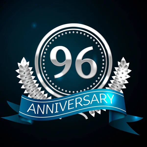 Gerçekçi doksan altı yıl yıldönümü kutlama tasarım gümüş halkalı ve Laurel Wreath, mavi şerit mavi arka plan üzerinde. Renkli vektör şablon öğeleri Doğum günü kutlamak için parti