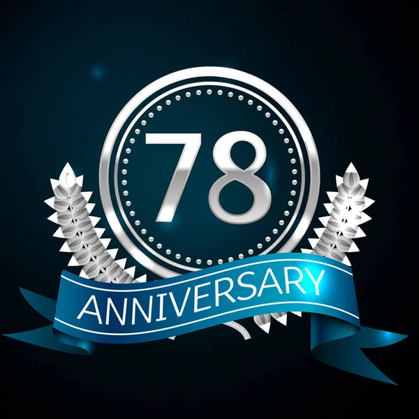 Gerçekçi yetmiş sekiz yıl yıldönümü kutlama tasarımı ile gümüş yüzük ve Laurel Wreath, mavi şerit mavi arka plan üzerinde. Renkli vektör şablon öğeleri Doğum günü kutlamak için parti