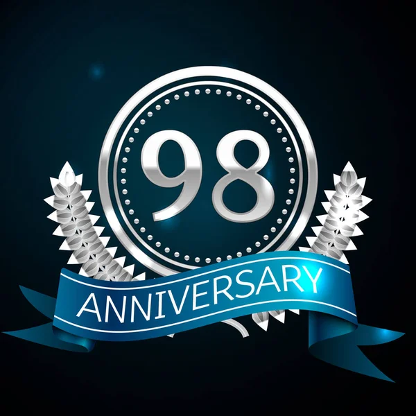 Gerçekçi doksan sekiz yıl yıldönümü kutlama tasarım gümüş halkalı ve Laurel Wreath, mavi şerit mavi arka plan üzerinde. Renkli vektör şablon öğeleri Doğum günü kutlamak için parti