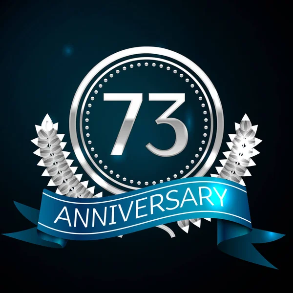 Gerçekçi yetmiş üç yıl yıldönümü kutlama tasarım gümüş halkalı ve Laurel Wreath, mavi şerit mavi arka plan üzerinde. Renkli vektör şablon öğeleri Doğum günü kutlamak için parti