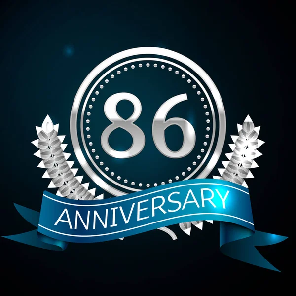 Gerçekçi seksen altı yıl yıldönümü kutlama tasarımı ile gümüş yüzük ve Laurel Wreath, mavi şerit mavi arka plan üzerinde. Renkli vektör şablon öğeleri Doğum günü kutlamak için parti