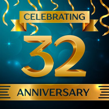 Gerçekçi otuz iki yıl yıldönümü kutlama tasarım. Altın konfeti ve mavi zemin üzerine altın şerit. Doğum günü partin için renkli vektör şablon öğeleri