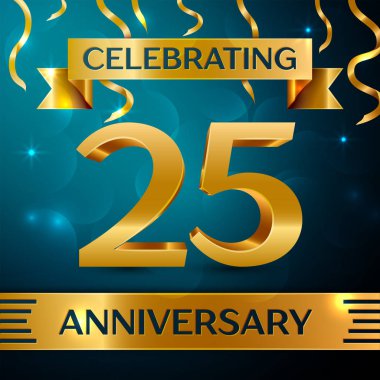 Gerçekçi yirmi beş yıl yıldönümü kutlama tasarım. Altın konfeti ve mavi zemin üzerine altın şerit. Doğum günü partin için renkli vektör şablon öğeleri