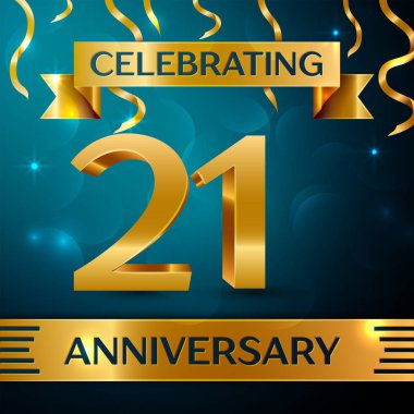 Gerçekçi yirmi bir yıl yıldönümü kutlama tasarım. Altın konfeti ve mavi zemin üzerine altın şerit. Doğum günü partin için renkli vektör şablon öğeleri