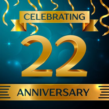 Gerçekçi yirmi iki yıl yıldönümü kutlama tasarım. Altın konfeti ve mavi zemin üzerine altın şerit. Doğum günü partin için renkli vektör şablon öğeleri