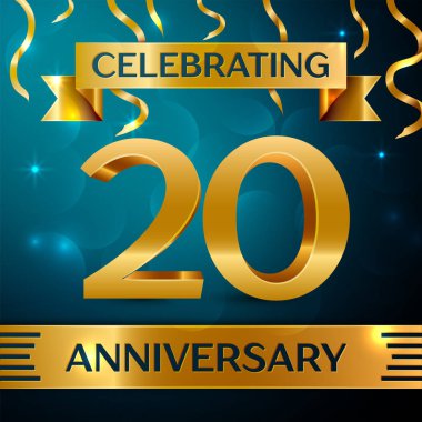 Gerçekçi yirmi yıl yıldönümü kutlama tasarım. Altın konfeti ve mavi zemin üzerine altın şerit. Doğum günü partin için renkli vektör şablon öğeleri