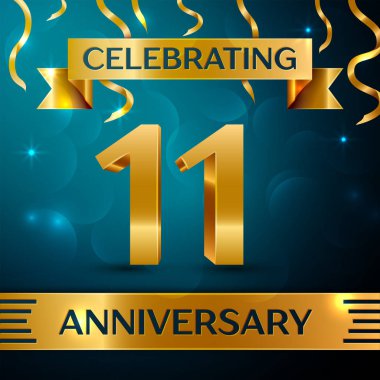 Gerçekçi on bir yıl yıldönümü kutlama tasarım. Altın konfeti ve mavi zemin üzerine altın şerit. Doğum günü partin için renkli vektör şablon öğeleri