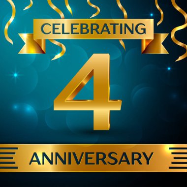 Gerçekçi dört yıl yıldönümü kutlama tasarım. Altın konfeti ve mavi zemin üzerine altın şerit. Doğum günü partin için renkli vektör şablon öğeleri