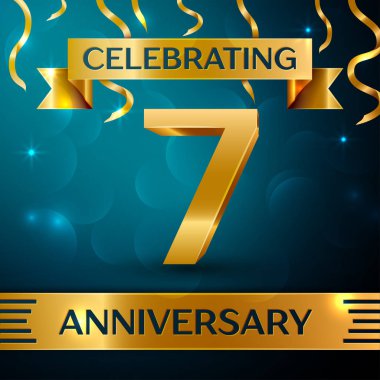 Gerçekçi yedi yıl yıldönümü kutlama tasarım. Altın konfeti ve mavi zemin üzerine altın şerit. Doğum günü partin için renkli vektör şablon öğeleri