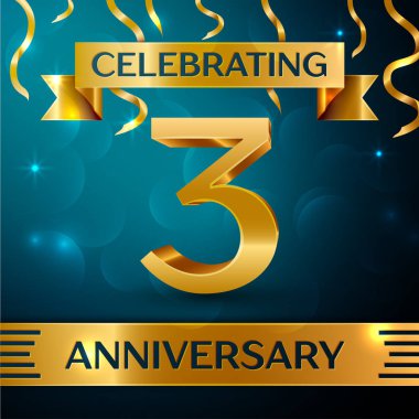 Gerçekçi üç yıl yıldönümü kutlama tasarım. Altın konfeti ve mavi zemin üzerine altın şerit. Doğum günü partin için renkli vektör şablon öğeleri