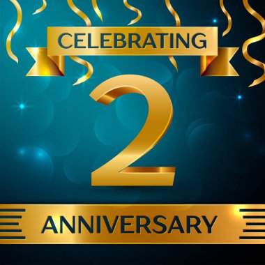 Gerçekçi iki yıl yıldönümü kutlama tasarım. Altın konfeti ve mavi zemin üzerine altın şerit. Doğum günü partin için renkli vektör şablon öğeleri
