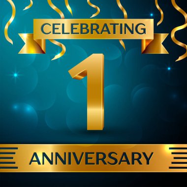 Gerçekçi bir yıl yıldönümü kutlama tasarım. Altın konfeti ve mavi zemin üzerine altın şerit. Doğum günü partin için renkli vektör şablon öğeleri