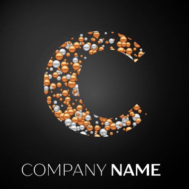 C harfi logosu altın-gümüş noktalar. Alfabe logo soyut altın-gümüş kabarcıklar şeklinde siyah arka plan üzerine. Tasarımınız için vektör şablonu