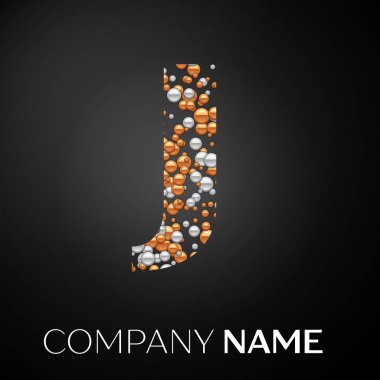 J harfi logosu altın-gümüş noktalar. Alfabe logo soyut altın-gümüş kabarcıklar şeklinde siyah arka plan üzerine. Tasarımınız için vektör şablonu