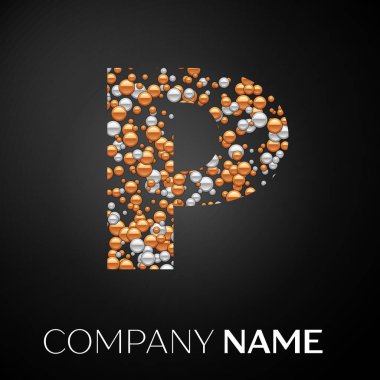 P harfi logosu altın-gümüş noktalar. Alfabe logo soyut altın-gümüş kabarcıklar şeklinde siyah arka plan üzerine. Tasarımınız için vektör şablonu