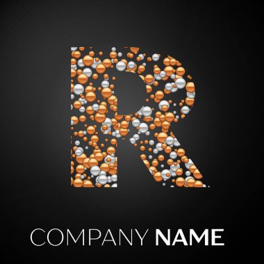 R harfi logosu altın-gümüş noktalar. Alfabe logo soyut altın-gümüş kabarcıklar şeklinde siyah arka plan üzerine. Tasarımınız için vektör şablonu