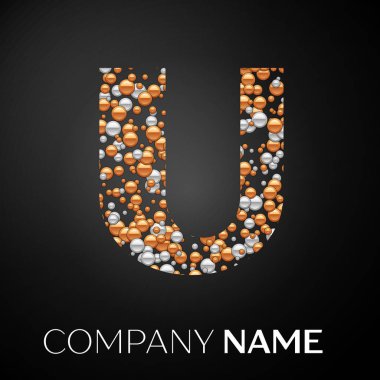 U harfi logosu altın-gümüş noktalar. Alfabe logo soyut altın-gümüş kabarcıklar şeklinde siyah arka plan üzerine. Tasarımınız için vektör şablonu