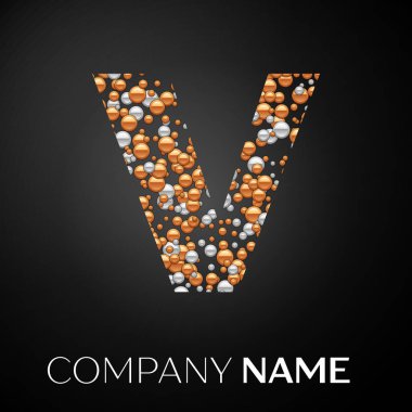 Harf V logosu altın-gümüş noktalar. Alfabe logo soyut altın-gümüş kabarcıklar şeklinde siyah arka plan üzerine. Tasarımınız için vektör şablonu