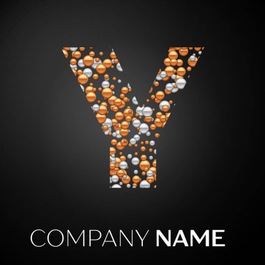 Y harfi logosu altın-gümüş noktalar. Alfabe logo soyut altın-gümüş kabarcıklar şeklinde siyah arka plan üzerine. Tasarımınız için vektör şablonu