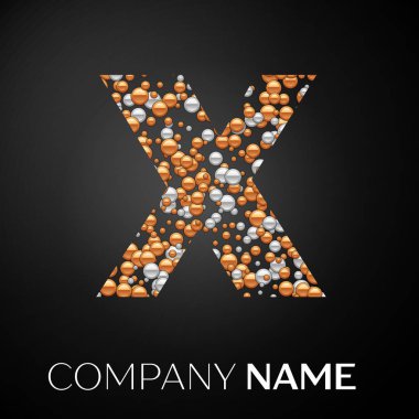 Mektup X logosu altın-gümüş noktalar. Alfabe logo soyut altın-gümüş kabarcıklar şeklinde siyah arka plan üzerine. Tasarımınız için vektör şablonu