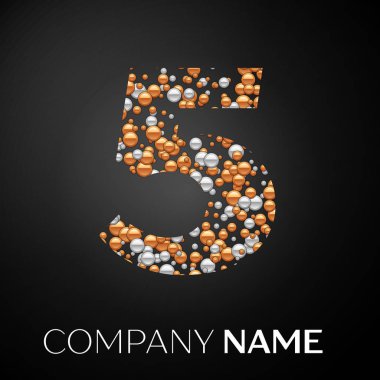 Sayı beş logosu altın-gümüş noktalar. Alfabe logo soyut altın-gümüş kabarcıklar şeklinde siyah arka plan üzerine. Tasarımınız için vektör şablonu