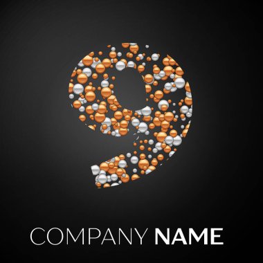 Sayı dokuz logosu altın-gümüş noktalar. Alfabe logo soyut altın-gümüş kabarcıklar şeklinde siyah arka plan üzerine. Tasarımınız için vektör şablonu