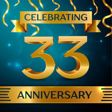 Gerçekçi otuz üç yıl yıldönümü kutlama tasarım. Altın konfeti ve mavi zemin üzerine altın şerit. Doğum günü partin için renkli vektör şablon öğeleri