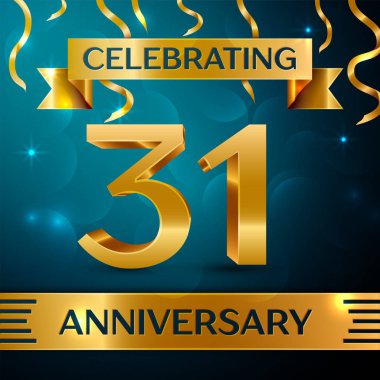 Gerçekçi otuz bir yıl yıldönümü kutlama tasarım. Altın konfeti ve mavi zemin üzerine altın şerit. Doğum günü partin için renkli vektör şablon öğeleri