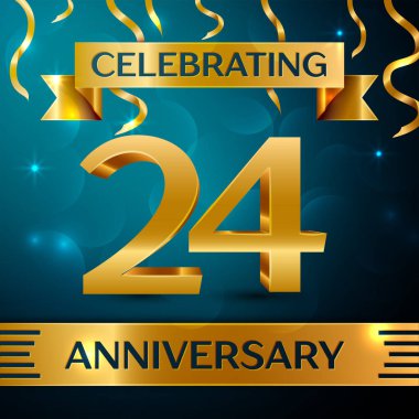 Gerçekçi yirmi dört yıl yıldönümü kutlama tasarım. Altın konfeti ve mavi zemin üzerine altın şerit. Doğum günü partin için renkli vektör şablon öğeleri