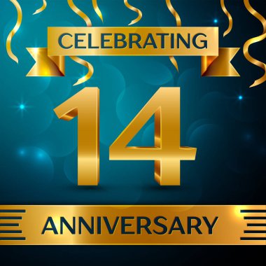 Gerçekçi on dört yıl yıldönümü kutlama tasarım. Altın konfeti ve mavi zemin üzerine altın şerit. Doğum günü partin için renkli vektör şablon öğeleri