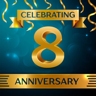 Gerçekçi sekiz yıl yıldönümü kutlama tasarım. Altın konfeti ve mavi zemin üzerine altın şerit. Doğum günü partin için renkli vektör şablon öğeleri