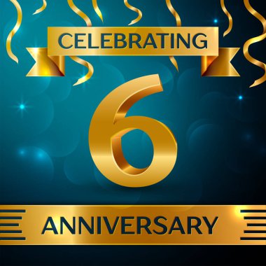 Gerçekçi altı yıl yıldönümü kutlama tasarım. Altın konfeti ve mavi zemin üzerine altın şerit. Doğum günü partin için renkli vektör şablon öğeleri