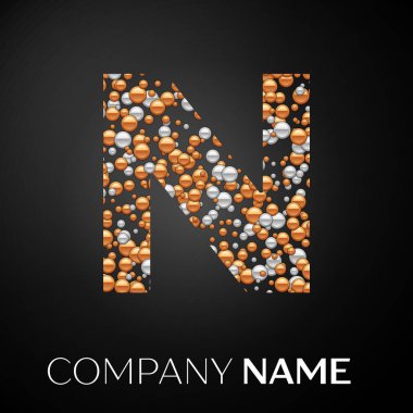 N harfi logosu altın-gümüş noktalar. Alfabe logo soyut altın-gümüş kabarcıklar şeklinde siyah arka plan üzerine. Tasarımınız için vektör şablonu
