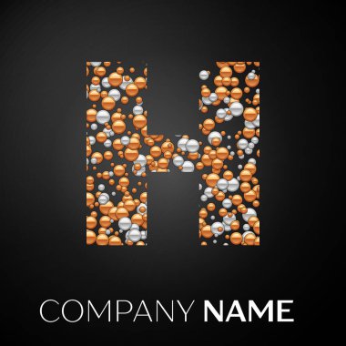 H harfi logosu altın-gümüş noktalar. Alfabe logo soyut altın-gümüş kabarcıklar şeklinde siyah arka plan üzerine. Tasarımınız için vektör şablonu